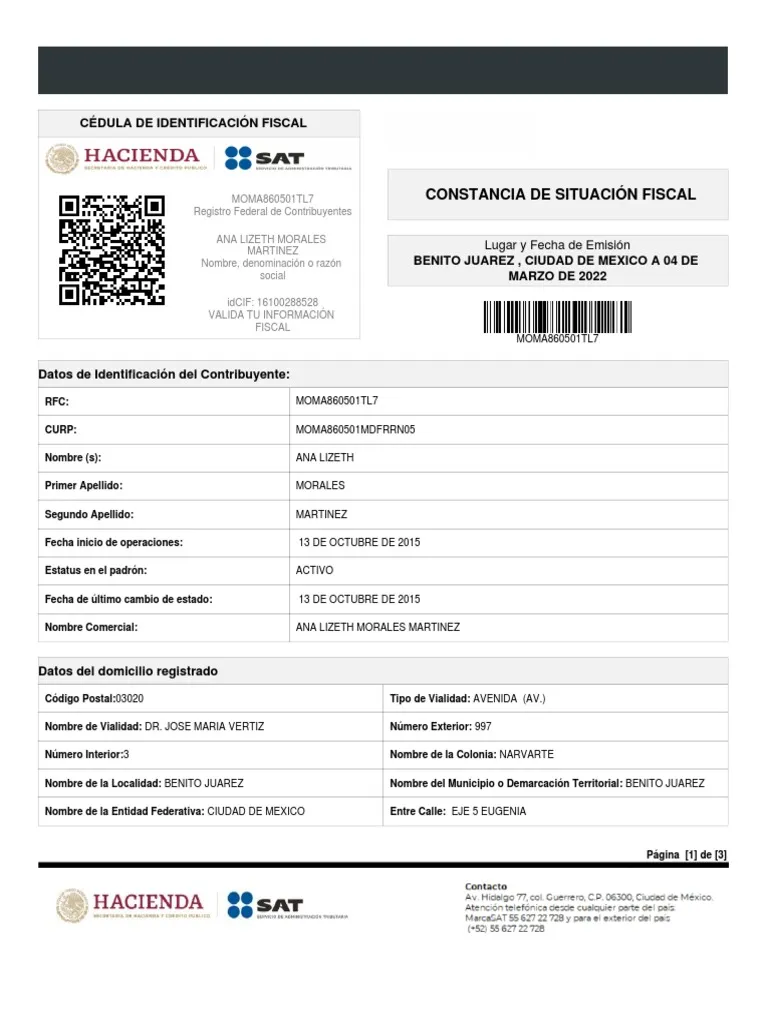 Muestra de Constancia de Situación Fiscal (persona moral)