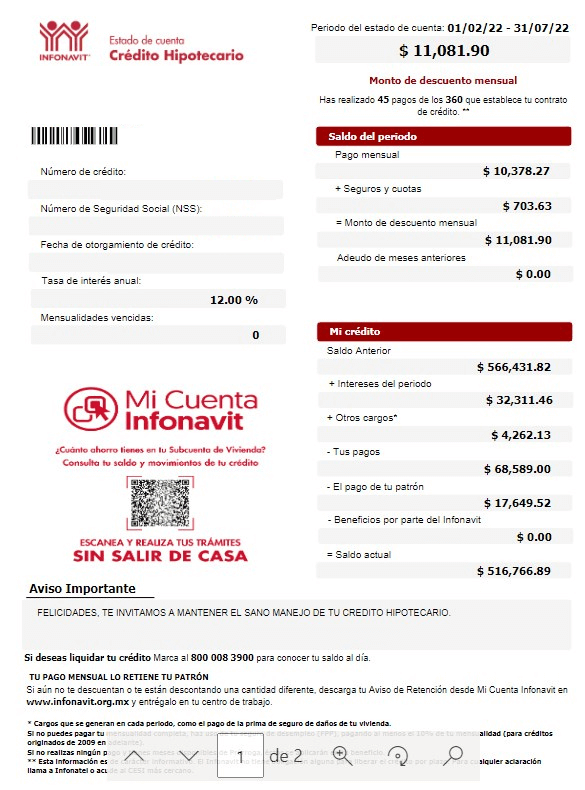 Muestra de Estado de cuenta Infonavit